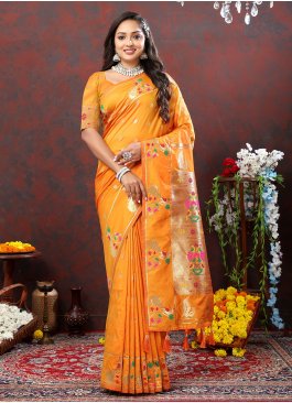 Orange Silk Weaving Traditional Saree