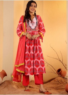 Outstanding Pink Embroidered Blended Cotton Readymade Salwar Kameez