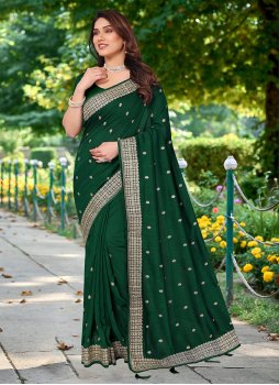 Pretty Vichitra Silk Green Embroidered Trendy Saree