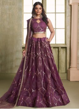 Ravishing Embroidered Net Wine Designer A Line Lehenga Choli