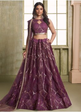 Ravishing Embroidered Net Wine Designer A Line Lehenga Choli