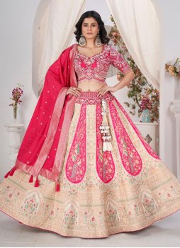 Readymade Lehenga Choli Embroidered Jacquard in Cream and Rani