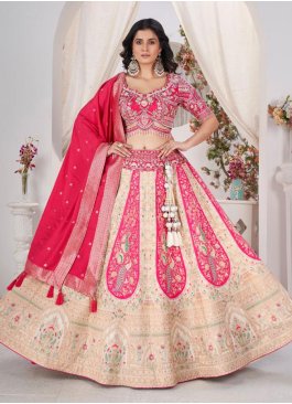 Readymade Lehenga Choli Embroidered Jacquard in Cream and Rani