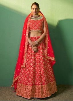 Red Embroidered Engagement Trendy Lehenga Choli