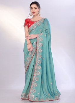Silk Embroidered Aqua Blue Contemporary Saree