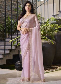 Spectacular Swarovski Cotton Silk Lavender and Pink Designer Saree