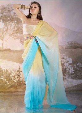 Sumptuous Aqua Blue and Cream Plain Designer Saree