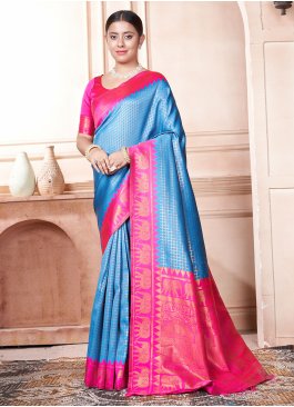 Sunshine Woven Blue and Pink Kanjivaram Silk Saree