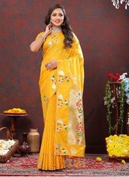 Trendy Silk Weaving Yellow Contemporary Style Saree