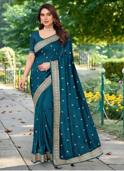 Turquoise Vichitra Silk Contemporary Saree