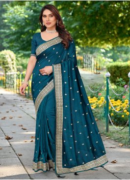 Turquoise Vichitra Silk Contemporary Saree