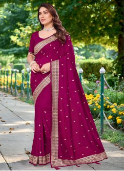 Vichitra Silk Embroidered Contemporary Saree in Rani