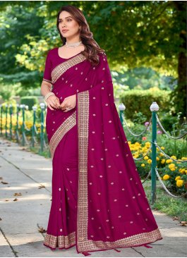 Vichitra Silk Embroidered Contemporary Saree in Rani
