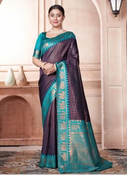 Vivacious Firozi and Purple Kanjivaram Silk Designer Saree